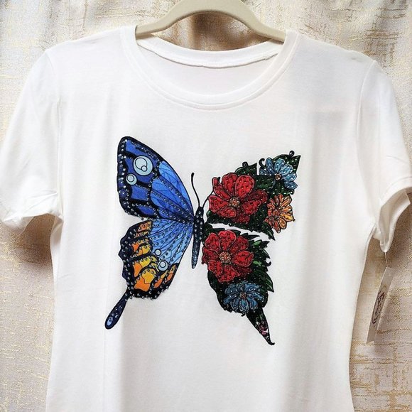 Butterfly, HANDMADE, Ladies Tee, Bling T-Shirt, Rhinestone, Perfect Gift. - Picture 3 of 4